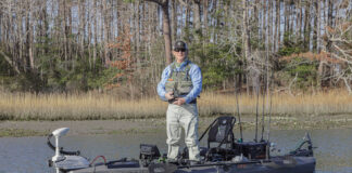Kayak Angler editor Ric Burnley stands and fishes from the Bonafide PWR129 motorized fishing kayak