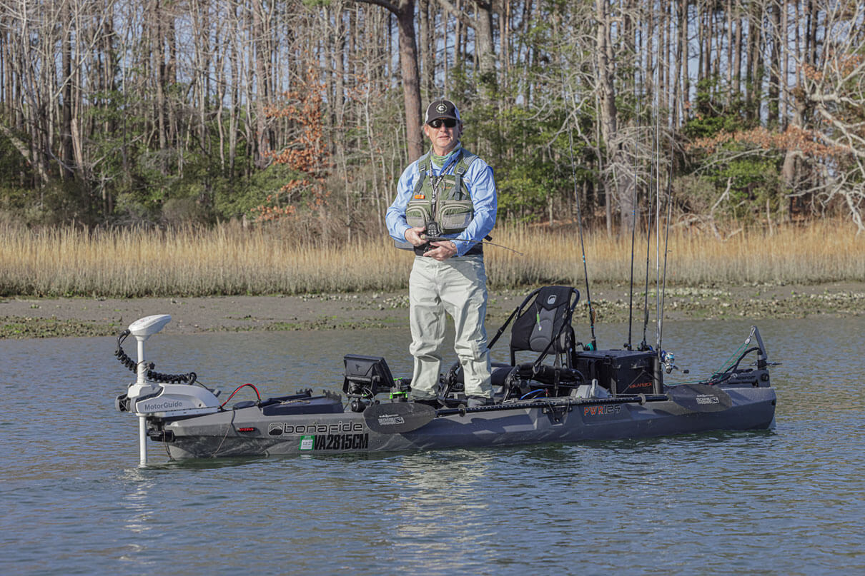 Kayak Angler editor Ric Burnley stands and fishes from the Bonafide PWR129 motorized fishing kayak