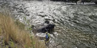 The overturned car in the Payette River.