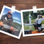 two Polaroid-style kayak fishing photos taped to a piece of wood