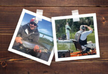 two Polaroid-style kayak fishing photos taped to a piece of wood