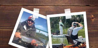 two Polaroid-style kayak fishing photos taped to a piece of wood