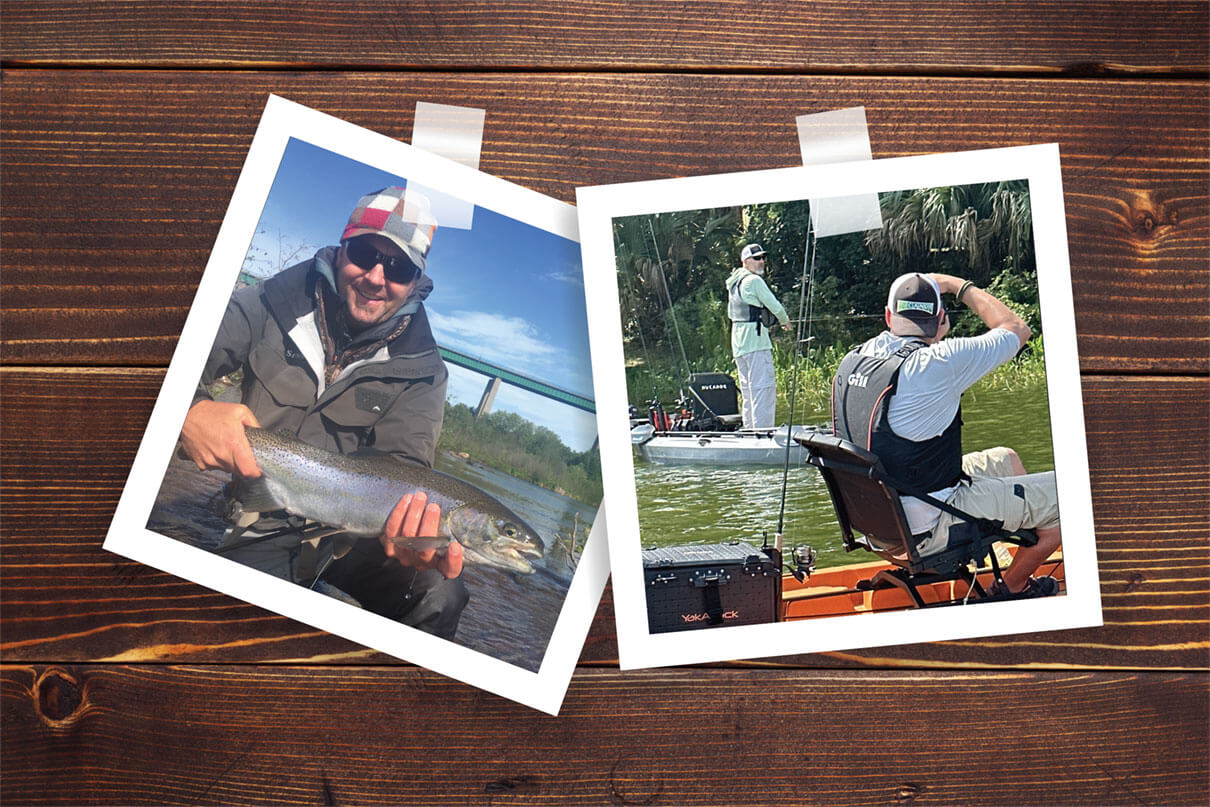 two Polaroid-style kayak fishing photos taped to a piece of wood