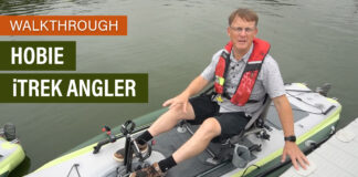 Kayak Angler editor Ric Burnley sits on the new Hobie iTrek Angler inflatable fishing kayak