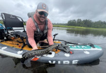 Author Kevin Hughes shows a fish caught from his inflatable fishing kayak.