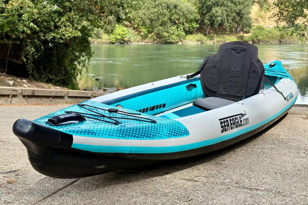 Sea Eagle FastTrack inflatable kayak sitting on boat ramp.
