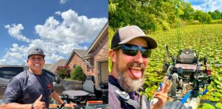 Left Jose Cinco and his kayak fishing rig. Right Daren Wendell and his kayak fishing rig.