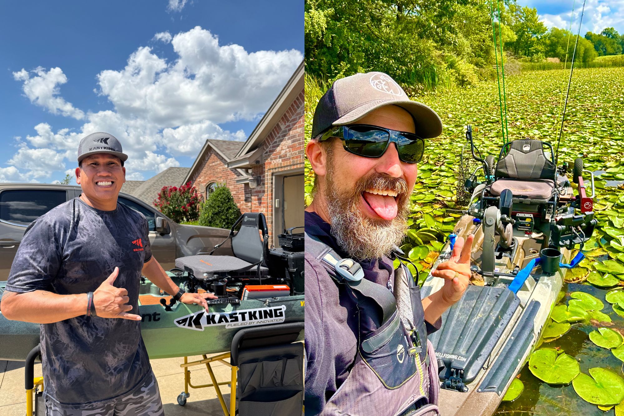 Left Jose Cinco and his kayak fishing rig. Right Daren Wendell and his kayak fishing rig.