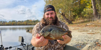 Virginia Level V master angler Josh Dolin holds up a redbreast sunfish