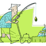 illustration of a man holding a fishing rod while mowing the lawn and fish standing up from their hiding places in the long grass