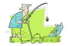 illustration of a man holding a fishing rod while mowing the lawn and fish standing up from their hiding places in the long grass