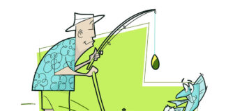 illustration of a man holding a fishing rod while mowing the lawn and fish standing up from their hiding places in the long grass