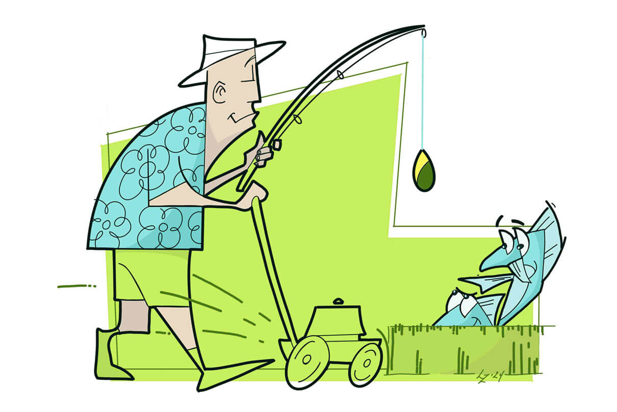 illustration of a man holding a fishing rod while mowing the lawn and fish standing up from their hiding places in the long grass