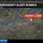 IPhone Feature Sends False Alarm For Canoeist On Fire In Minnesota false emergency alert in bwca written over image of map of bwca featuring Seagull Lake