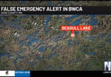 false emergency alert in bwca written over image of map of bwca featuring Seagull Lake