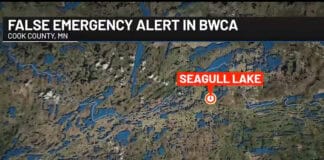 false emergency alert in bwca written over image of map of bwca featuring Seagull Lake