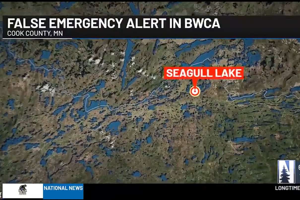false emergency alert in bwca written over image of map of bwca featuring Seagull Lake