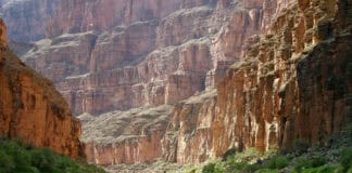A raft on the Colorado River below Havasu Creek in Grand Canyon National Park