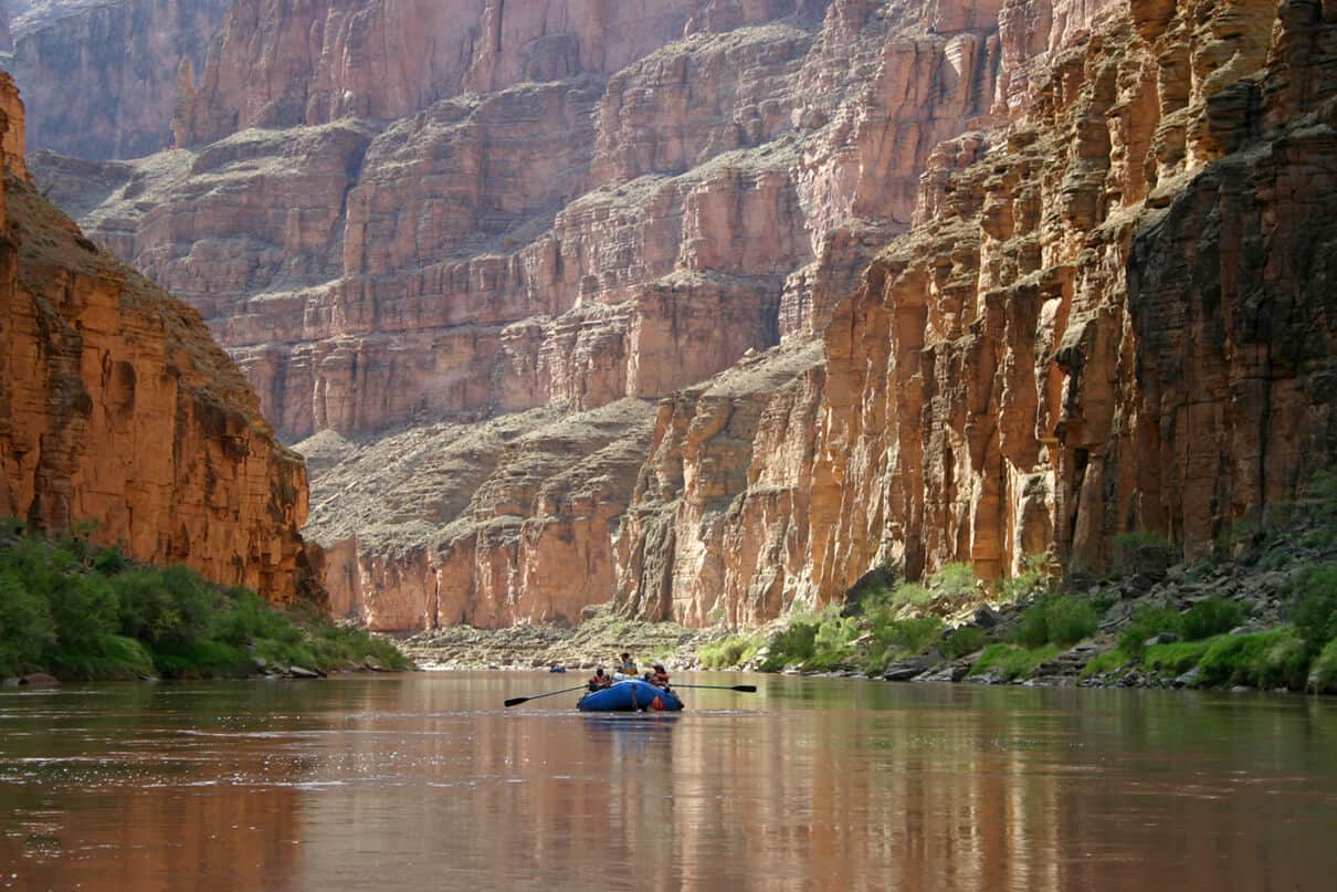 A raft on the Colorado River below Havasu Creek in Grand Canyon National Park