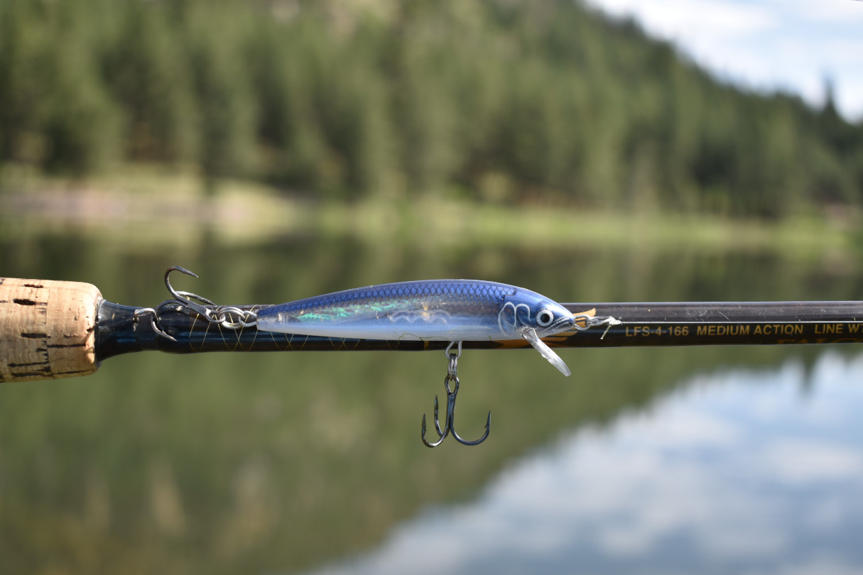A Rapala jerkbait rigged up to a fishing rod.