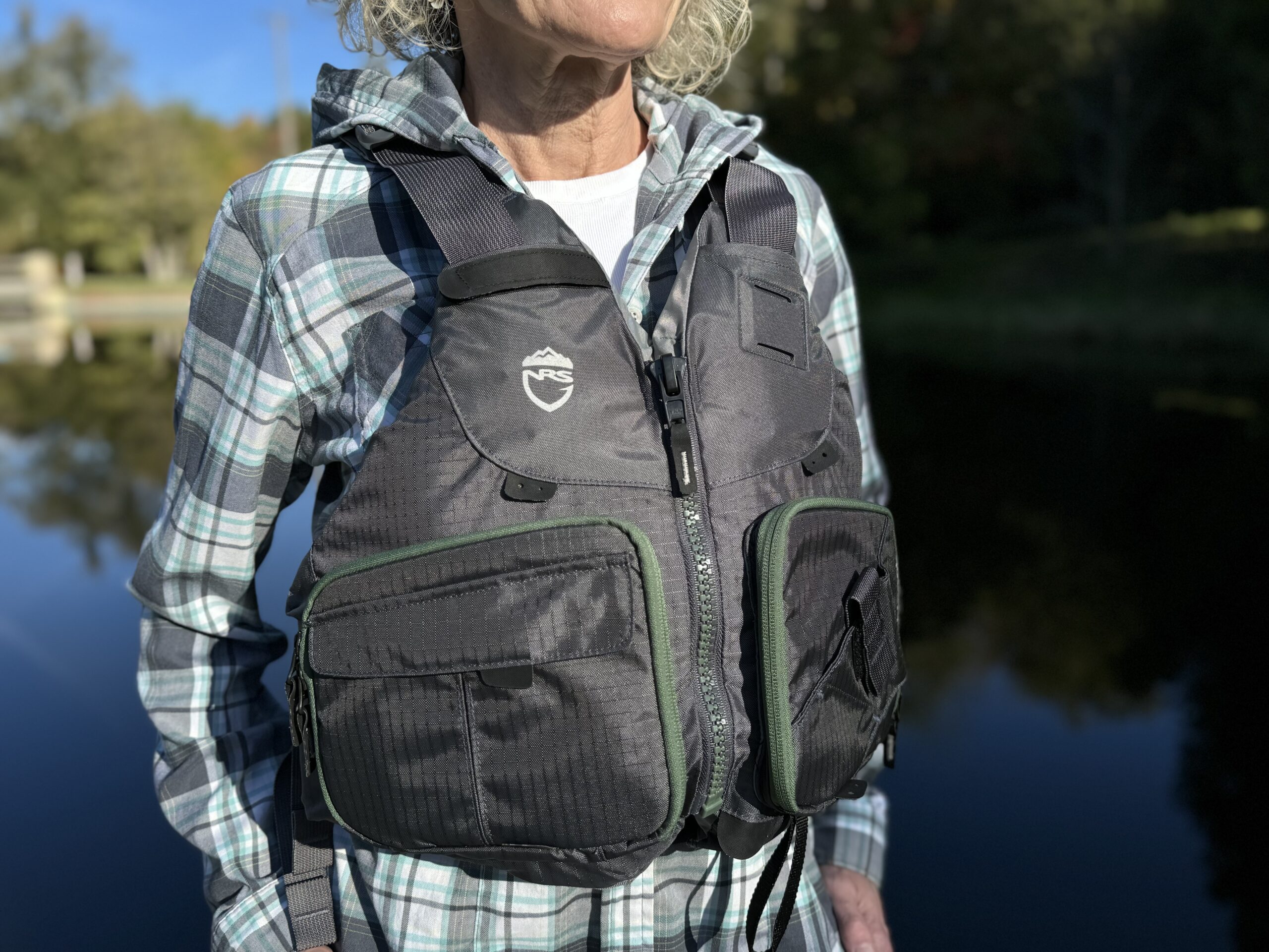 woman wearing fishing PFD