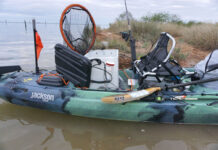 DIY kayak livewell setup on a Jackson fishing kayak parked in the flats