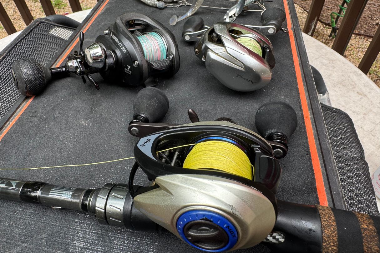 A collection of baitcaster reels.