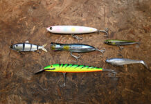 A collection of the six best striped bass lures.