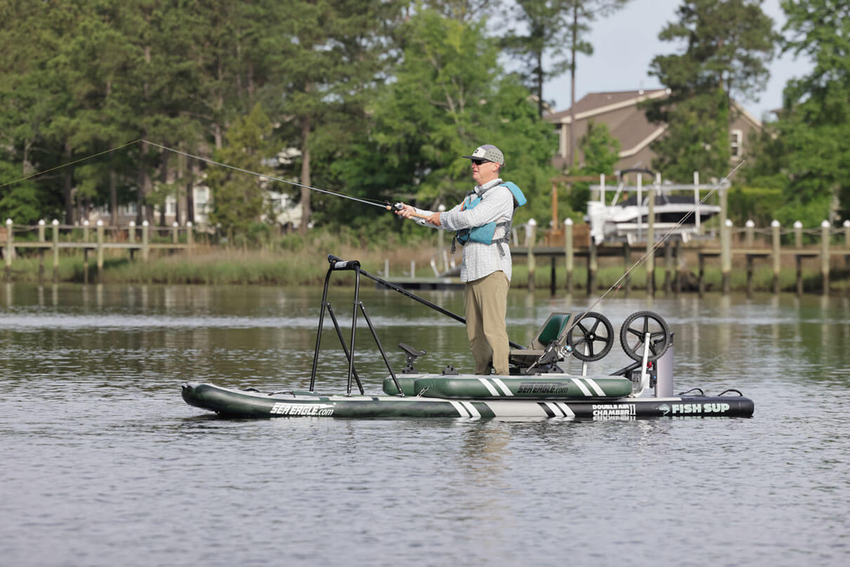 Kayak Angler editor Ric Burnley stands and casts from Sea Eagle FishSUP, one of number of recent fish-ready inflatable kayaks