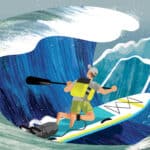 illustration of a person kneeling on a paddleboard with a large wave breaking over top of them