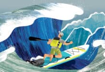 illustration of a person kneeling on a paddleboard with a large wave breaking over top of them