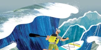 illustration of a person kneeling on a paddleboard with a large wave breaking over top of them