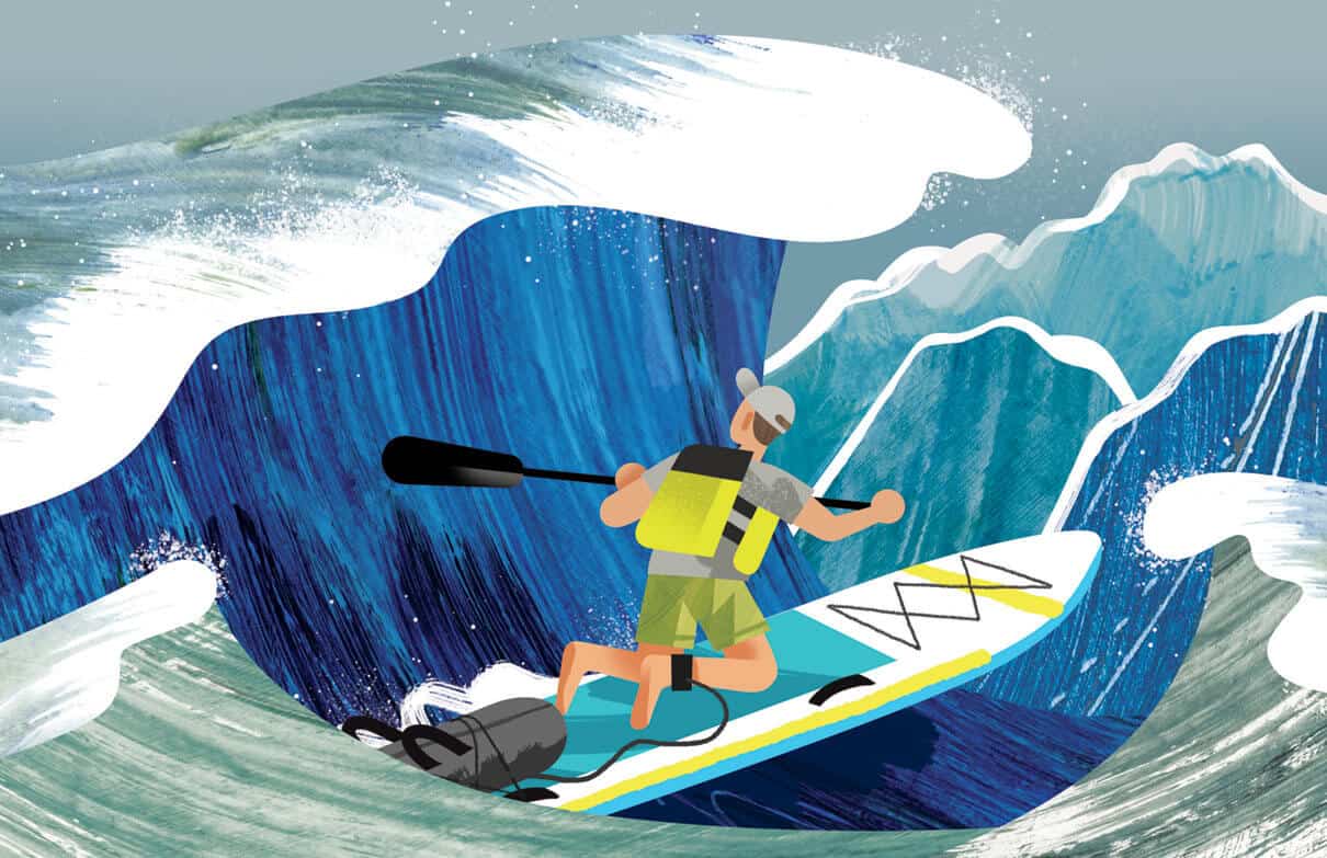 illustration of a person kneeling on a paddleboard with a large wave breaking over top of them