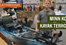 Editor stands next to the Minn Kota Kayak Terrova trolling motor.