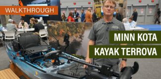 Editor stands next to the Minn Kota Kayak Terrova trolling motor.