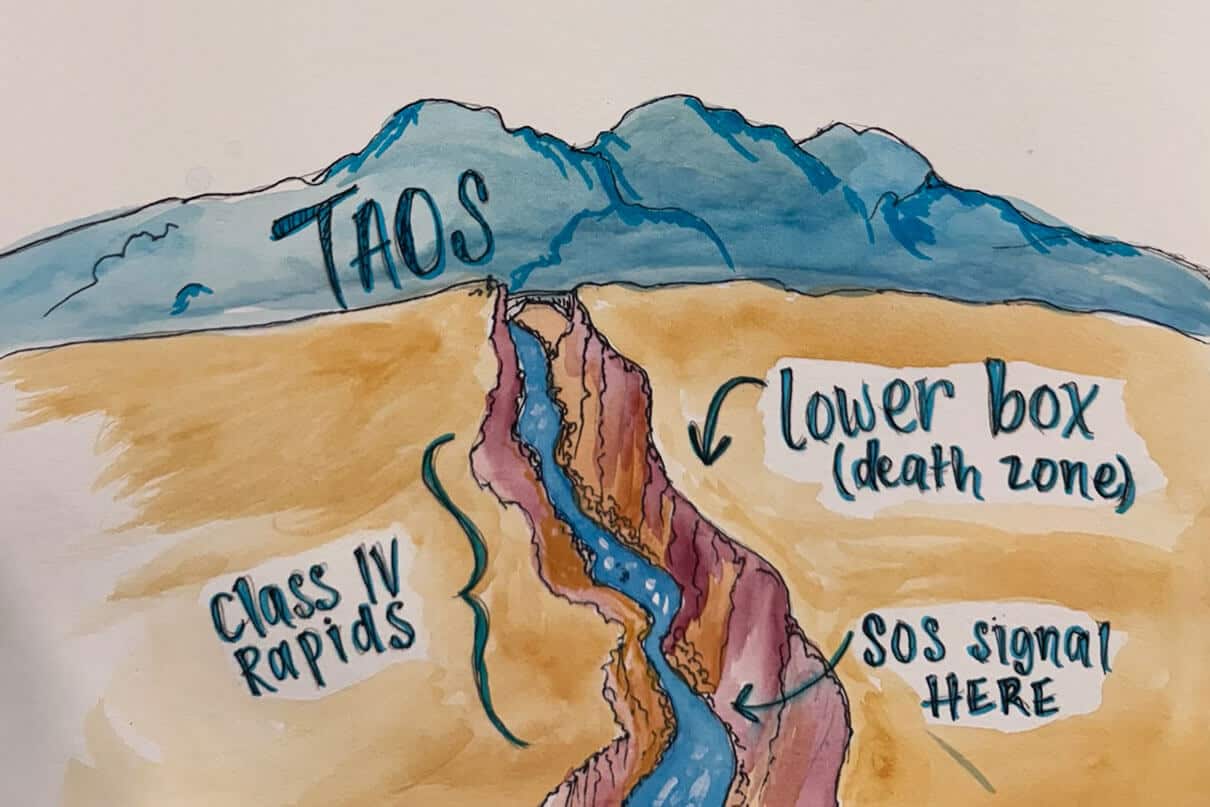 illustration of Taos Box showing river hazards and SOS signal location from the night rescue mission
