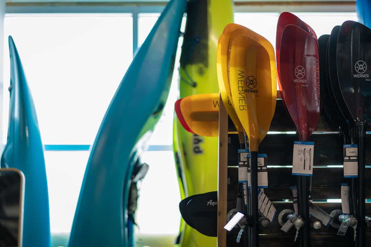 kayaks and paddles on display at AQ Outdoors in Alberta