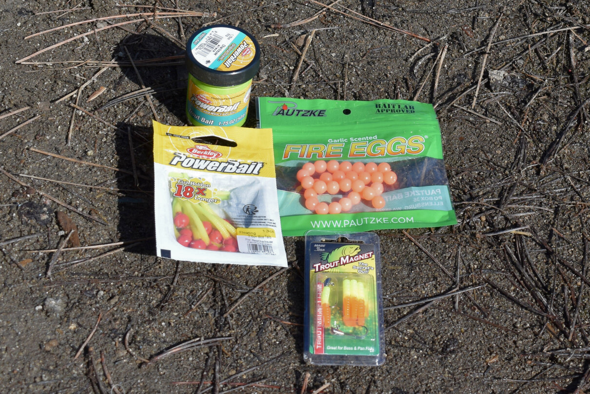 A collection of bait and lures for stocked trout.