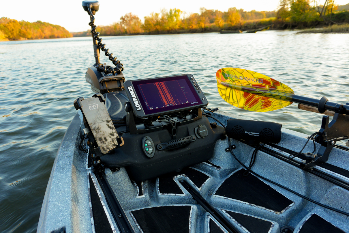 Screen display visible at the front of a kayak.