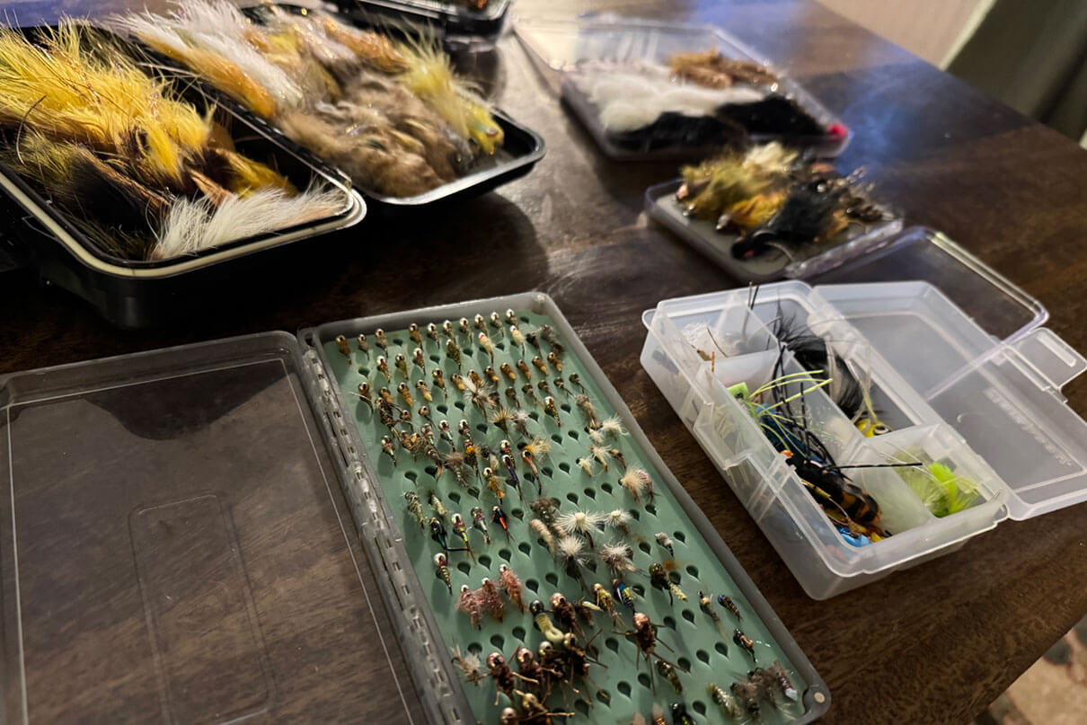 a selection of beginner fly fishing flies in a tackle box on a table