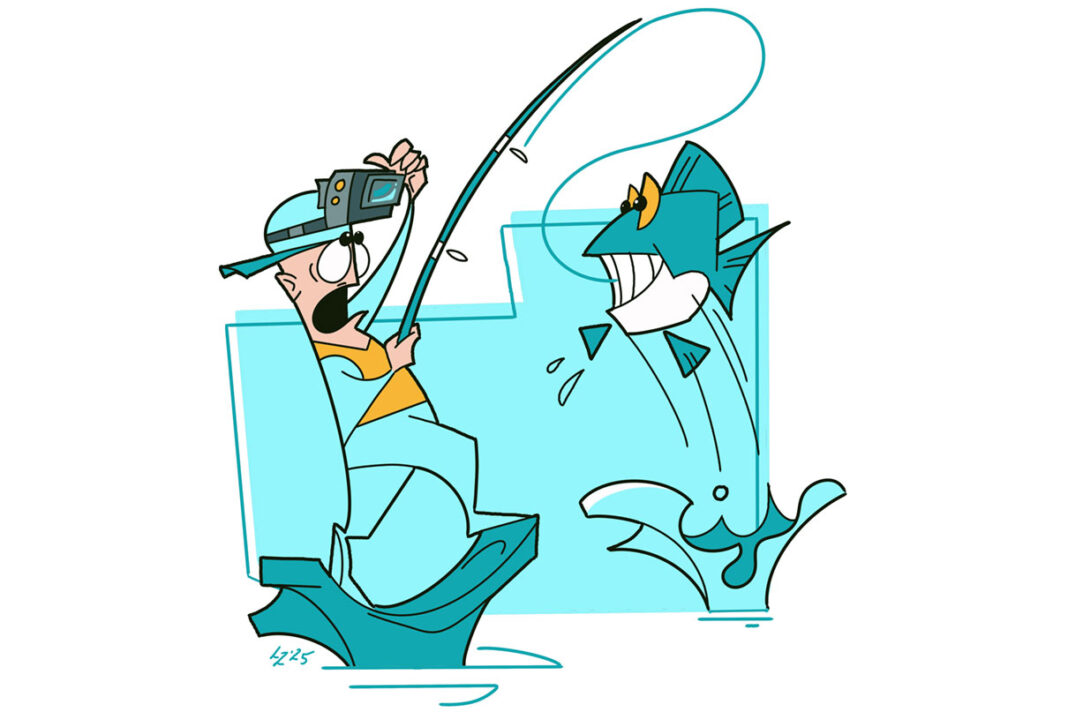 old-dog-new-tricks-0-lorenzo-del-bianco illustration of an angler playing with his head-mounted GoPro while trying to stand on a kayak and reel in a fish