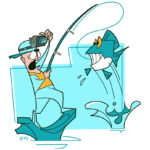 Old Dog, New Tricks illustration of an angler playing with his head-mounted GoPro while trying to stand on a kayak and reel in a fish