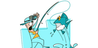 Old Dog, New Tricks illustration of an angler playing with his head-mounted GoPro while trying to stand on a kayak and reel in a fish