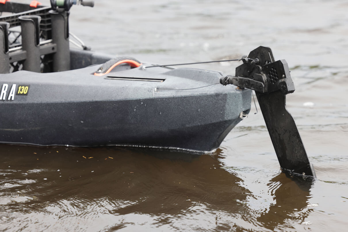 Detail of the Vibe Hydra 130 rudder with pre-drilled hole for Bixpy motor