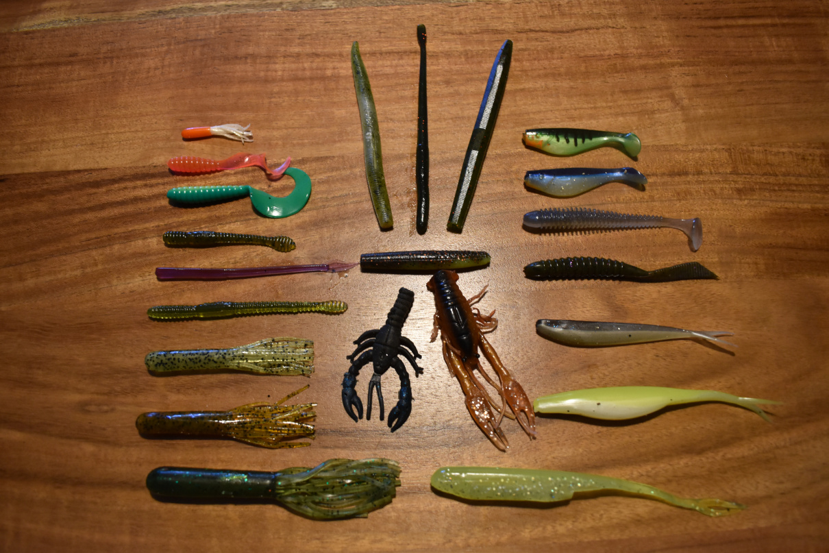 A variety of soft plastic baits
