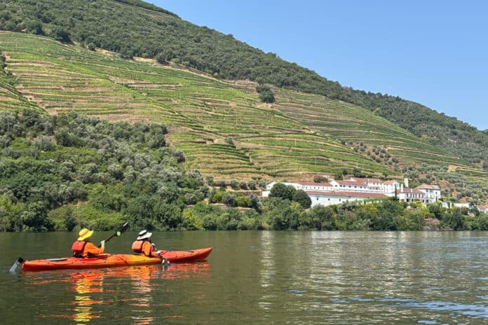 two people paddle an orange tandem kayak in front of terraced hills in the Douro river valley in Portugal