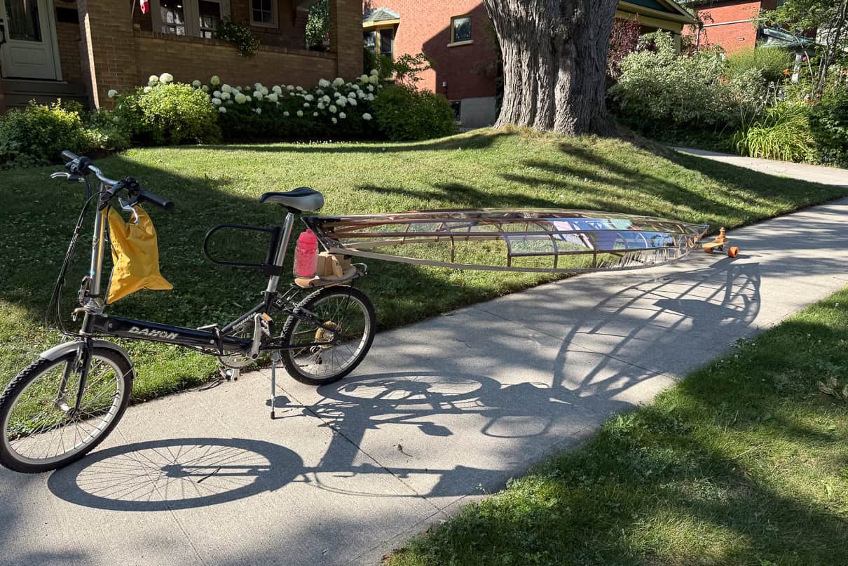 Morris' custom canoe build attached to his bike. Image courtesy Matt Morris.