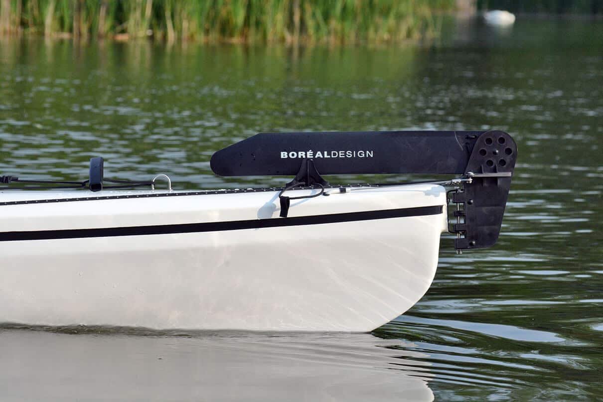 detail of the stern and rudder of the Boreal Design Storm 17 touring kayak