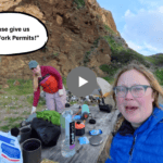 Text "Please Give Me A Permit" in a speech bubble over image of campers at camp making a video