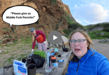 Rec.gov To Require Video Application For Permits In 2027 Text "Please Give Me A Permit" in a speech bubble over image of campers at camp making a video